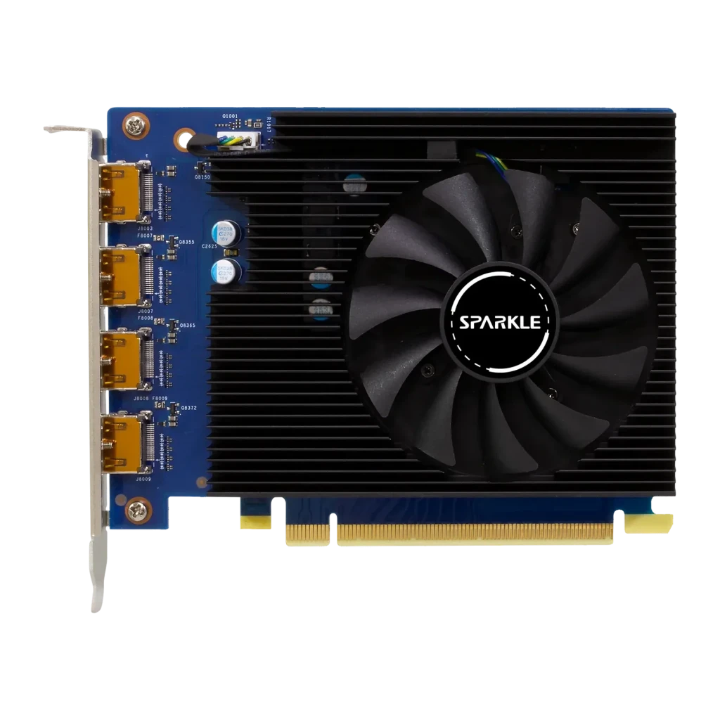 SPARKLE Arc A310 Omni View 4 Go GDDR6, vue de face: dissipateur noir avec ventilateur SPARKLE et 4 sorties DisplayPort