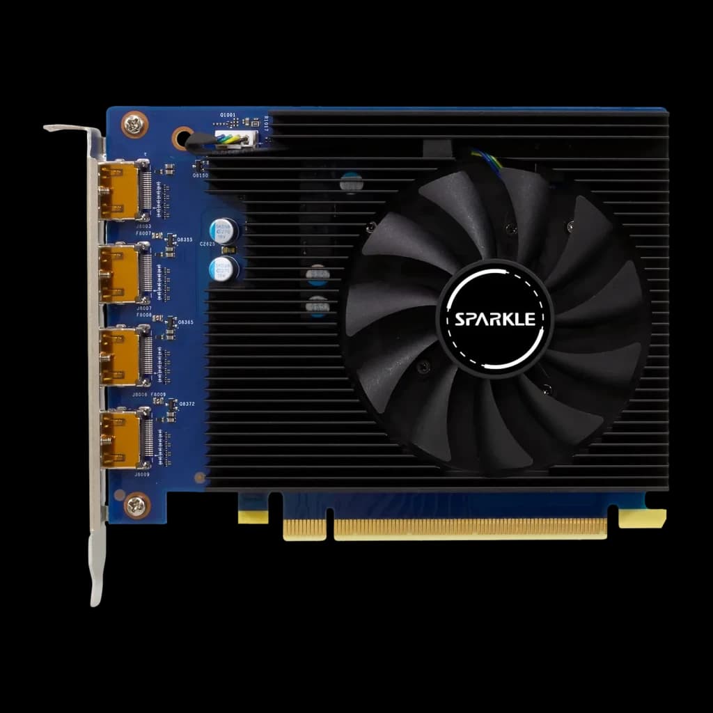 SPARKLE Arc A310 Omni View 4 Go GDDR6, vue de face: dissipateur noir avec ventilateur SPARKLE et 4 sorties DisplayPort