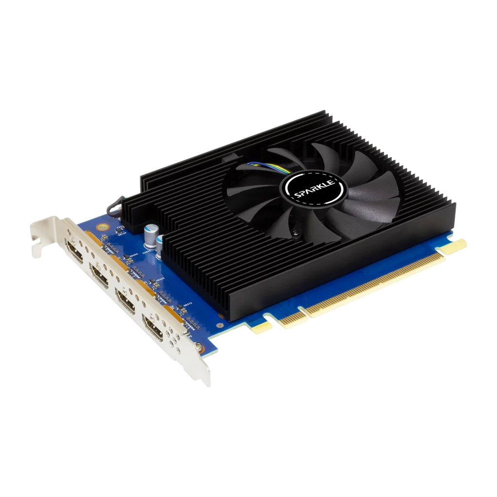 SPARKLE Arc A310 Omni View 4 Go GDDR6, détail: dissipateur noir avec ventilateur central, PCB bleu et 4 sorties DisplayPort