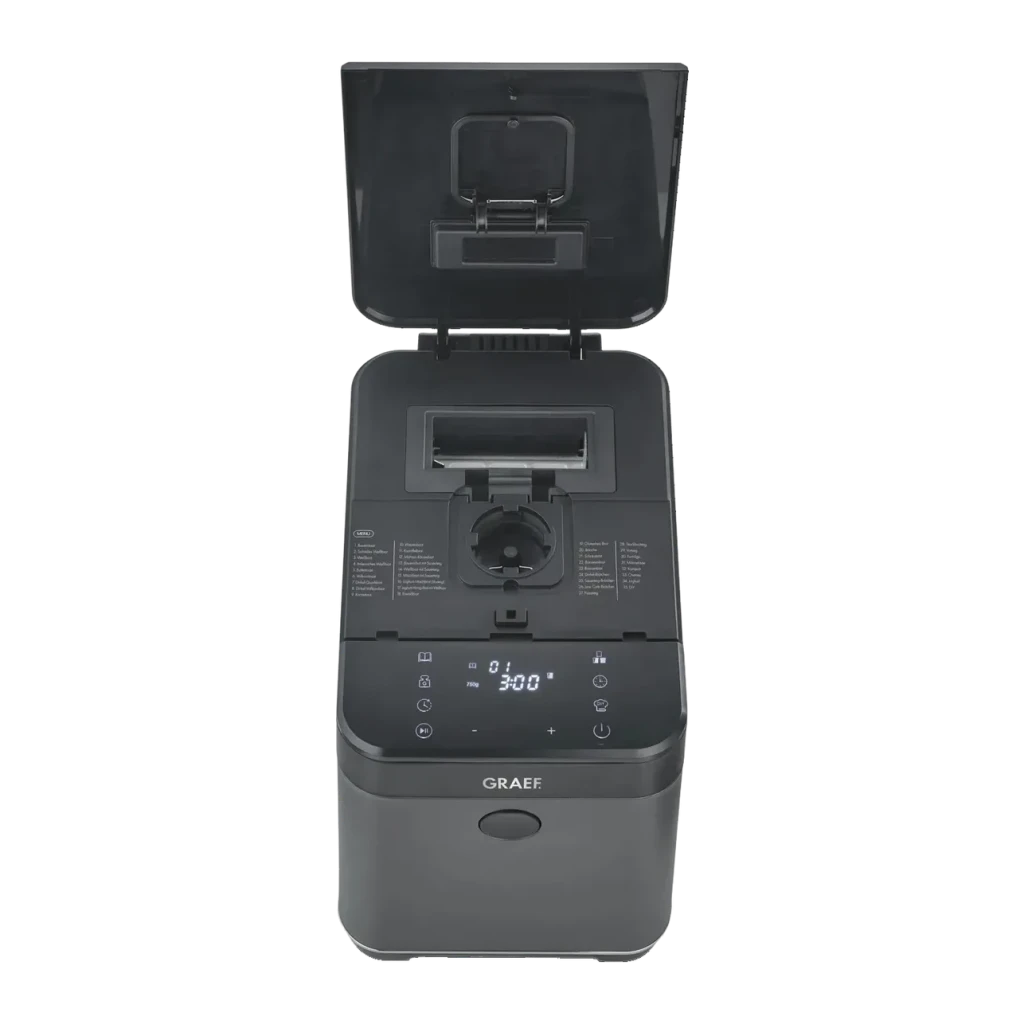 Machine à pain Graef BA806 520W 750g Noir/Gris, détail: vue du dessus couvercle ouvert, cuve amovible et panneau digital