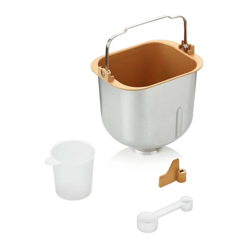 Machine à pain Graef BA806 520W 750g Noir/Gris, détail: cuve dorée antiadhésive avec anse, verre doseur et cuillère doseuse