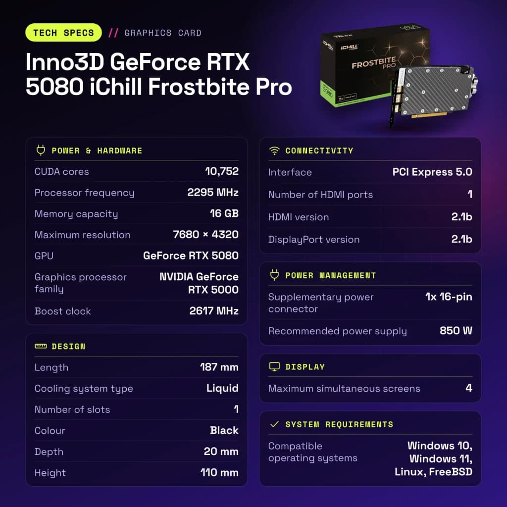 Inno3D GeForce RTX 5080 iChill Frostbite Pro 16GB GDDR7 Negro - características