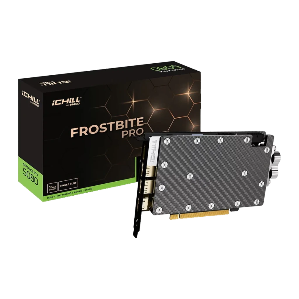 Inno3D GeForce RTX 5080 iChill Frostbite Pro 16GB GDDR7 Negro, contenido de la caja: tarjeta con cubierta de fibra