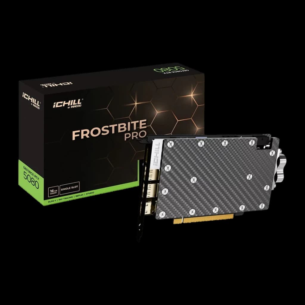 Inno3D GeForce RTX 5080 iChill Frostbite Pro 16GB GDDR7 Negro, contenido de la caja: tarjeta con cubierta de fibra