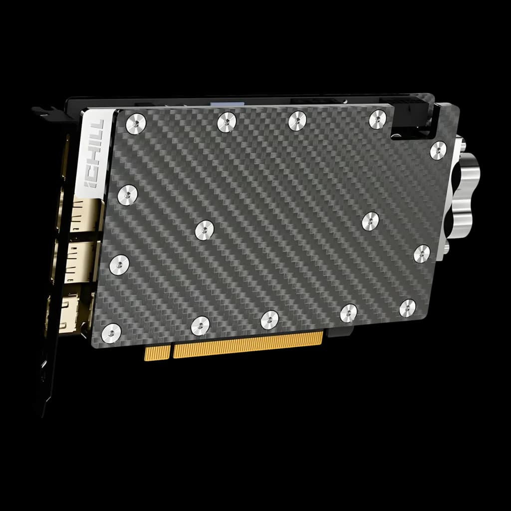 Inno3D GeForce RTX 5080 iChill Frostbite Pro 16GB GDDR7 Negro, vista frontal: backplate de fibra de carbono con tornillos