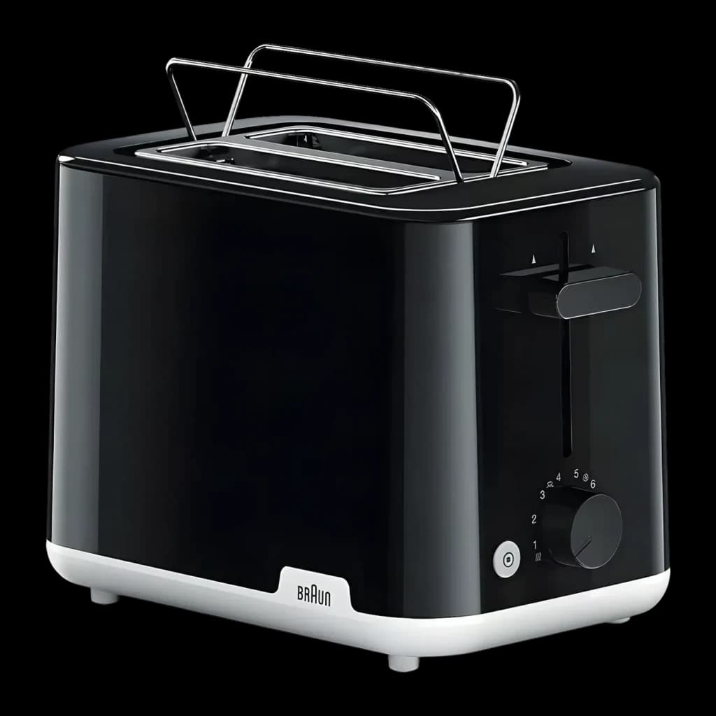 Torradeira Braun HT 1010 900W 2 Ranhuras Preto, vista frontal: corpo preto brilhante, grelha cromada, seletor de tostagem