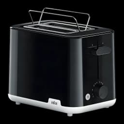 Grille-pain Braun HT 1010 900W 2 Fentes Noir, vue de face: corps noir brillant, grille chromée, sélecteur de brunissage