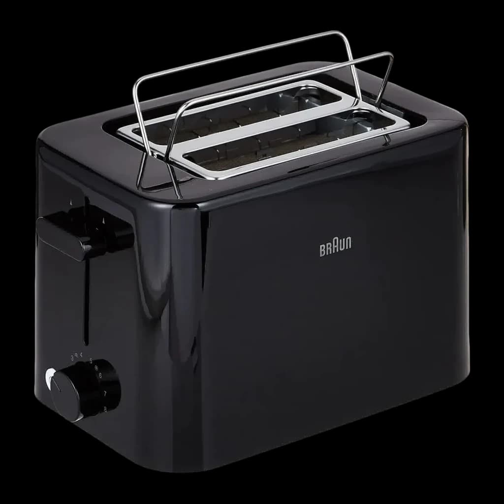 Torradeira Braun HT 1010 900W 2 Ranhuras Preto, vista traseira: grelha aquecedora metálica, ranhuras e botão lateral