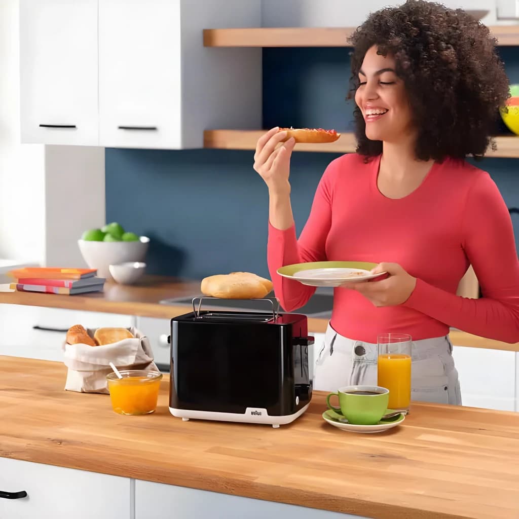 Torradeira Braun HT 1010 900W 2 Ranhuras Preto, em uso: mulher sorridente a tomar pequeno-almoço com torradas e sumo