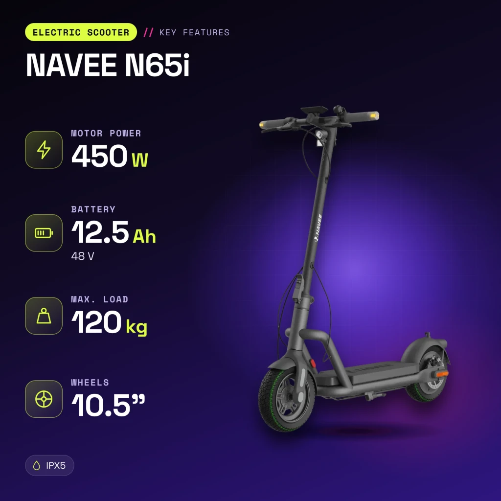 Patinete Eléctrico NAVEE N65i 450W 65km 20km/h 10,5 pulgadas Negro - características