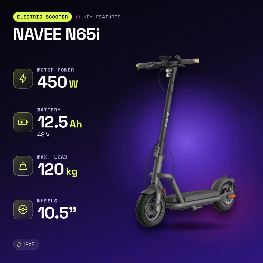 Patinete Eléctrico NAVEE N65i 450W 65km 20km/h 10,5 pulgadas Negro - características