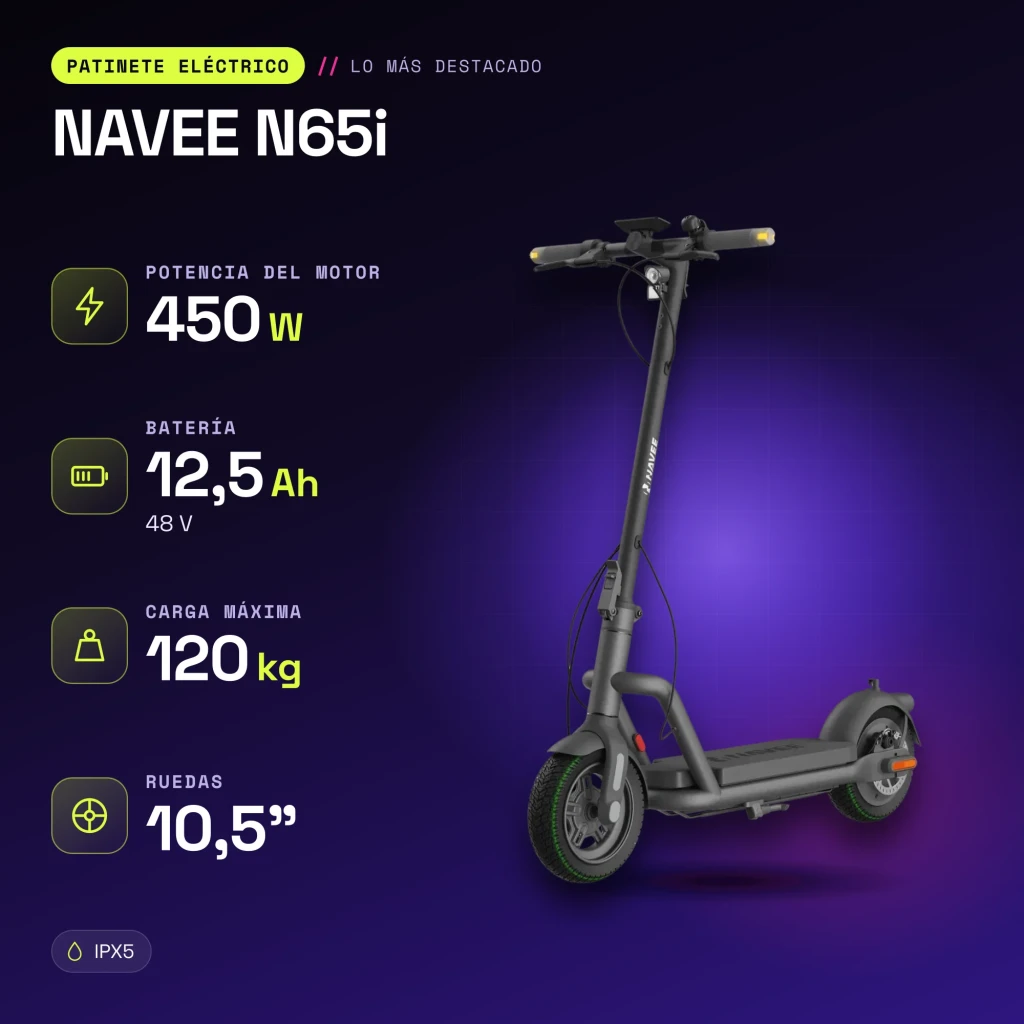 Patinete Eléctrico NAVEE N65i 450W 65km 20km/h 10,5 pulgadas Negro - características