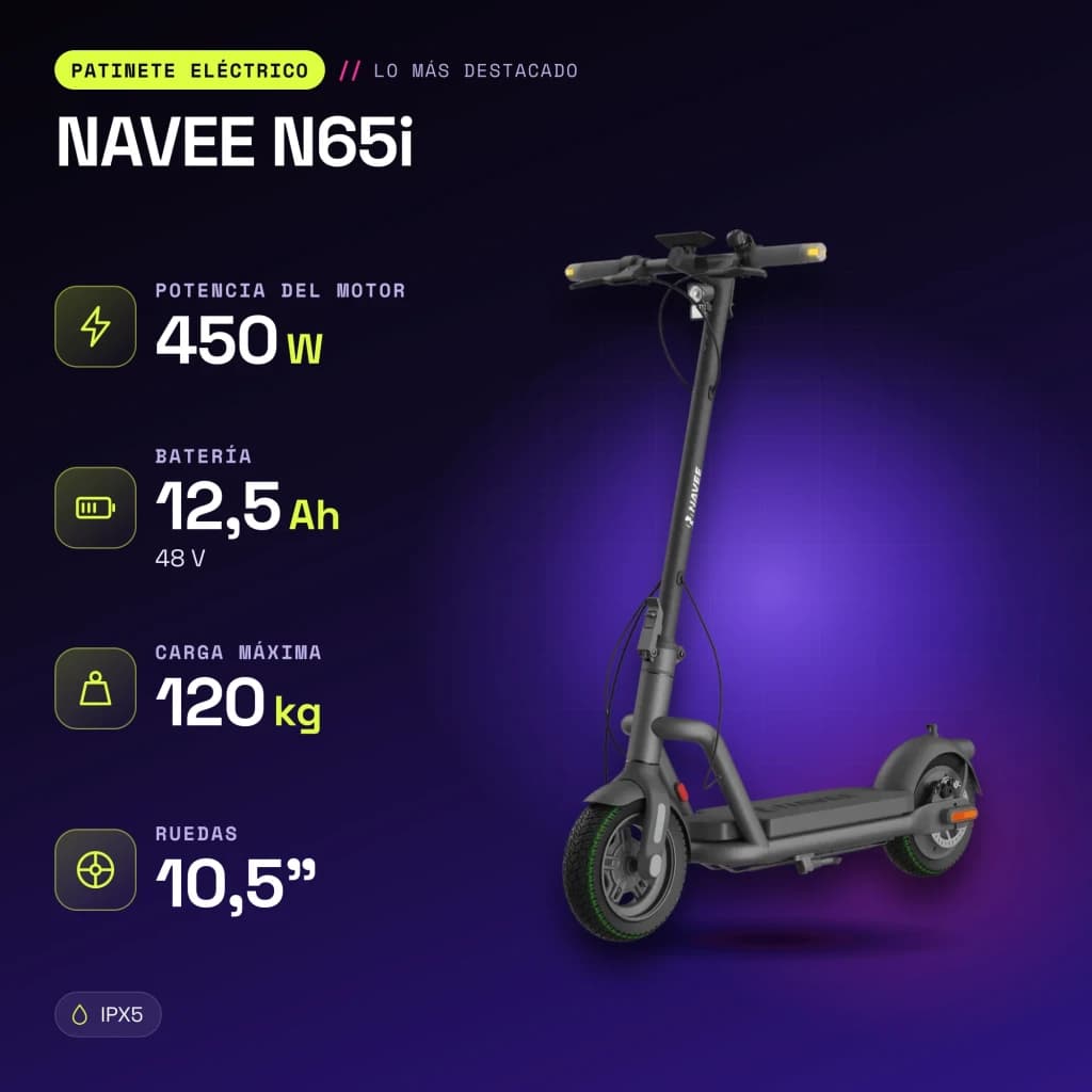 Patinete Eléctrico NAVEE N65i 450W 65km 20km/h 10,5 pulgadas Negro - características