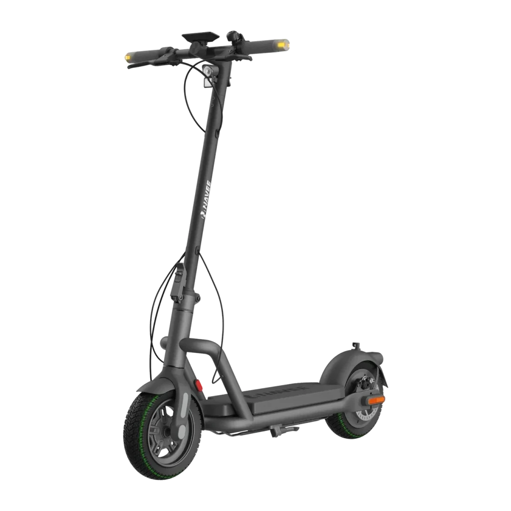 Patinete Eléctrico NAVEE N65i 450W 65km 25km/h 10,5 pulgadas Negro, vista frontal: manillar con puños amarillos, faro