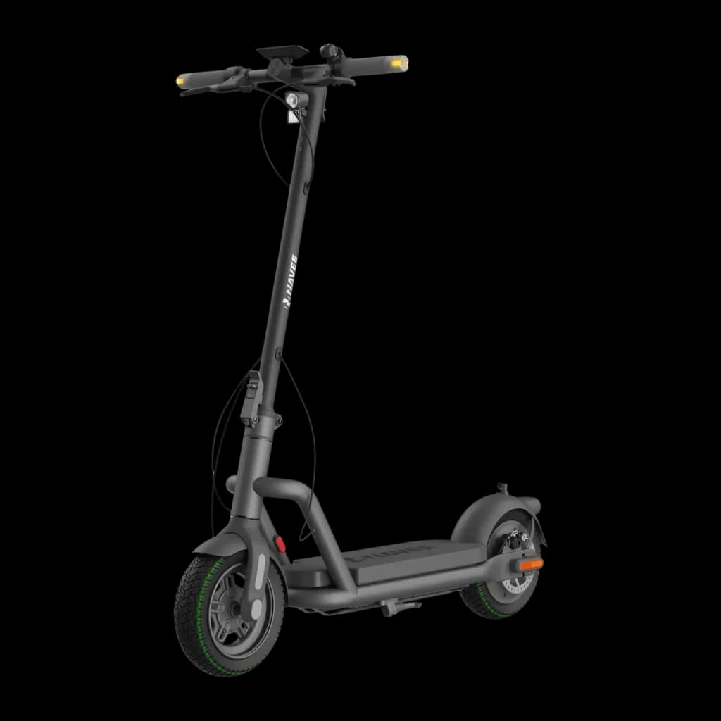 Patinete Eléctrico NAVEE N65i 450W 65km 25km/h 10,5 pulgadas Negro, vista frontal: manillar con puños amarillos, faro