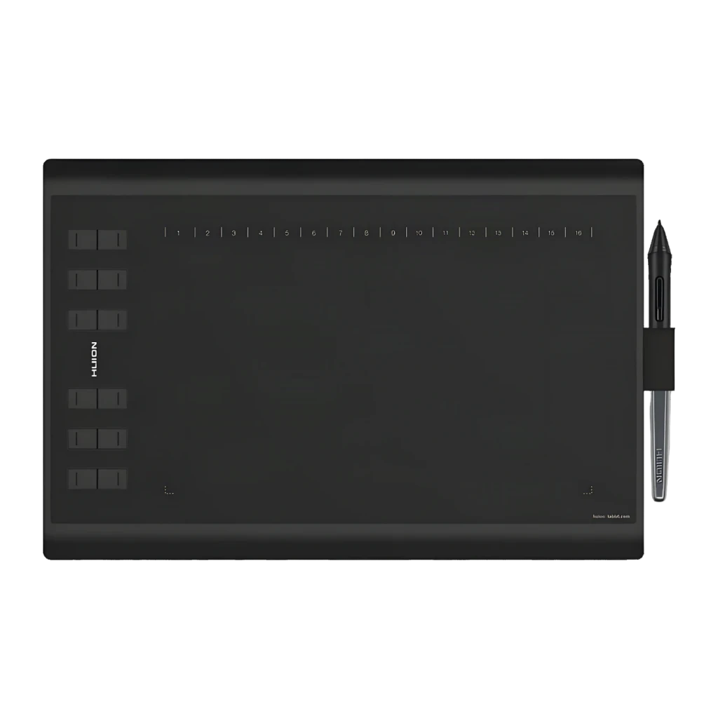 Tableta gráfica Huion Inspiroy Negro 8192 niveles H1060P, vista frontal: superficie activa, 12 teclas express y lápiz