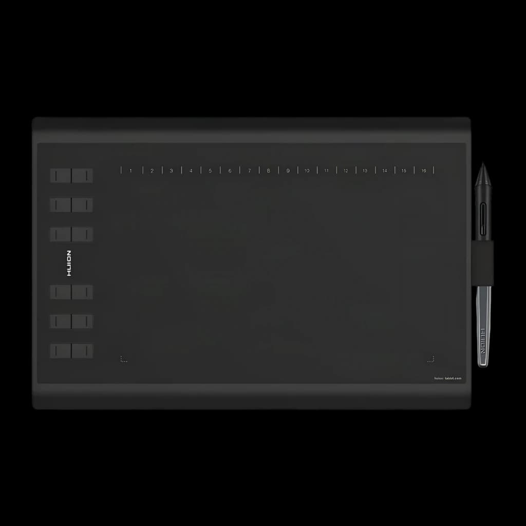 Tableta gráfica Huion Inspiroy Negro 8192 niveles H1060P, vista frontal: superficie activa, 12 teclas express y lápiz