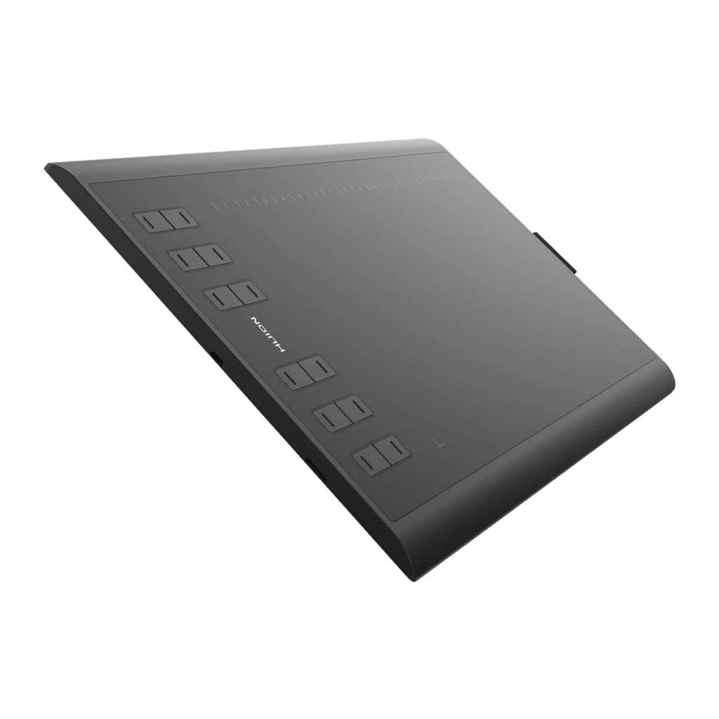 Tableta gráfica Huion Inspiroy Negro 8192 niveles H1060P, detalle: vista en ángulo con 8 teclas express y área activa