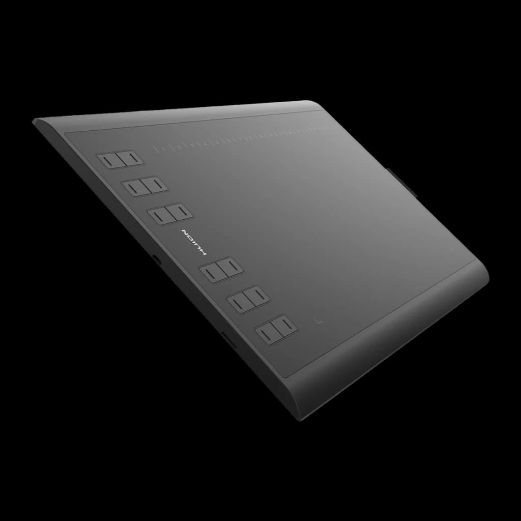 Tableta gráfica Huion Inspiroy Negro 8192 niveles H1060P, detalle: vista en ángulo con 8 teclas express y área activa