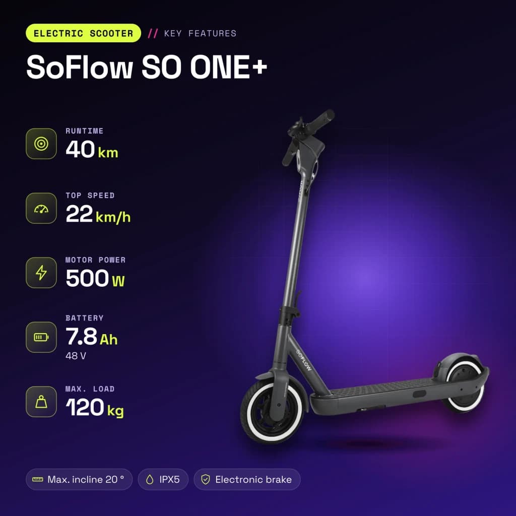 Trottinette Électrique SoFlow SO ONE+ 500W 40km 22km/h Noir - caractéristiques