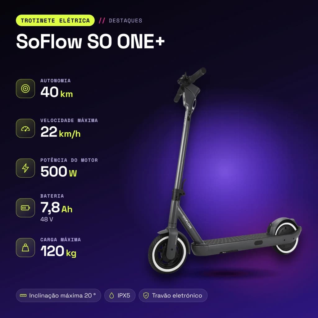 Trottinette Électrique SoFlow SO ONE+ 500W 40km 22km/h Noir - caractéristiques