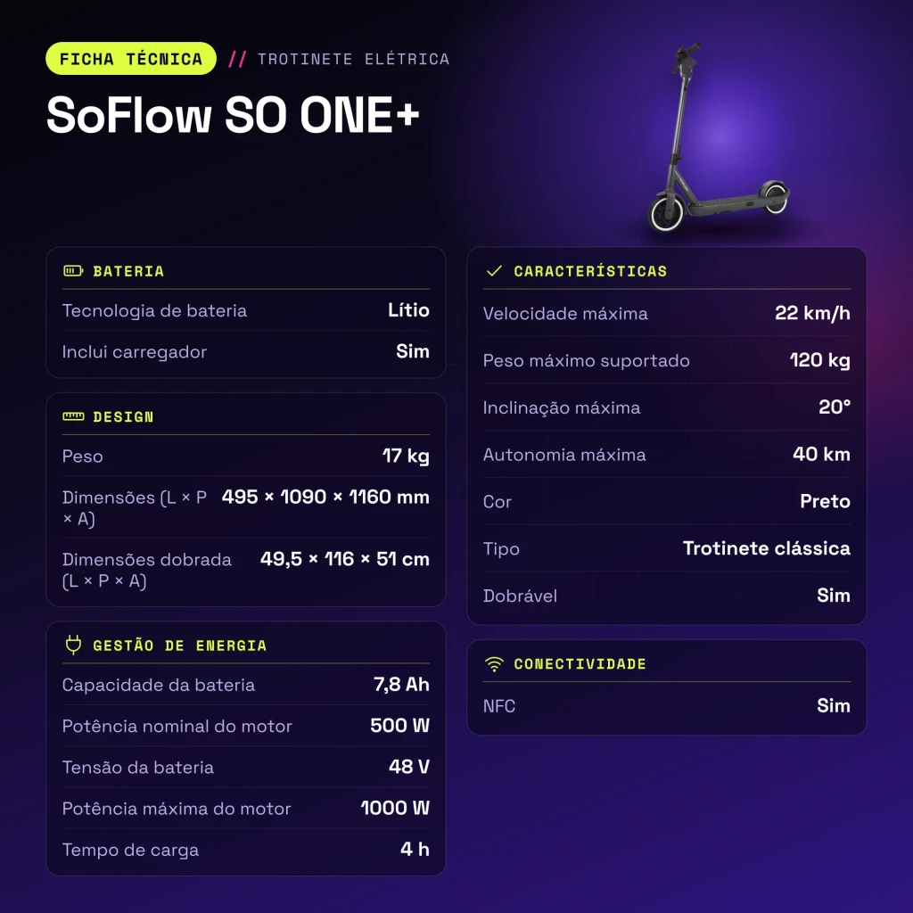 Trottinette Électrique SoFlow SO ONE+ 500W 40km 22km/h Noir - caractéristiques