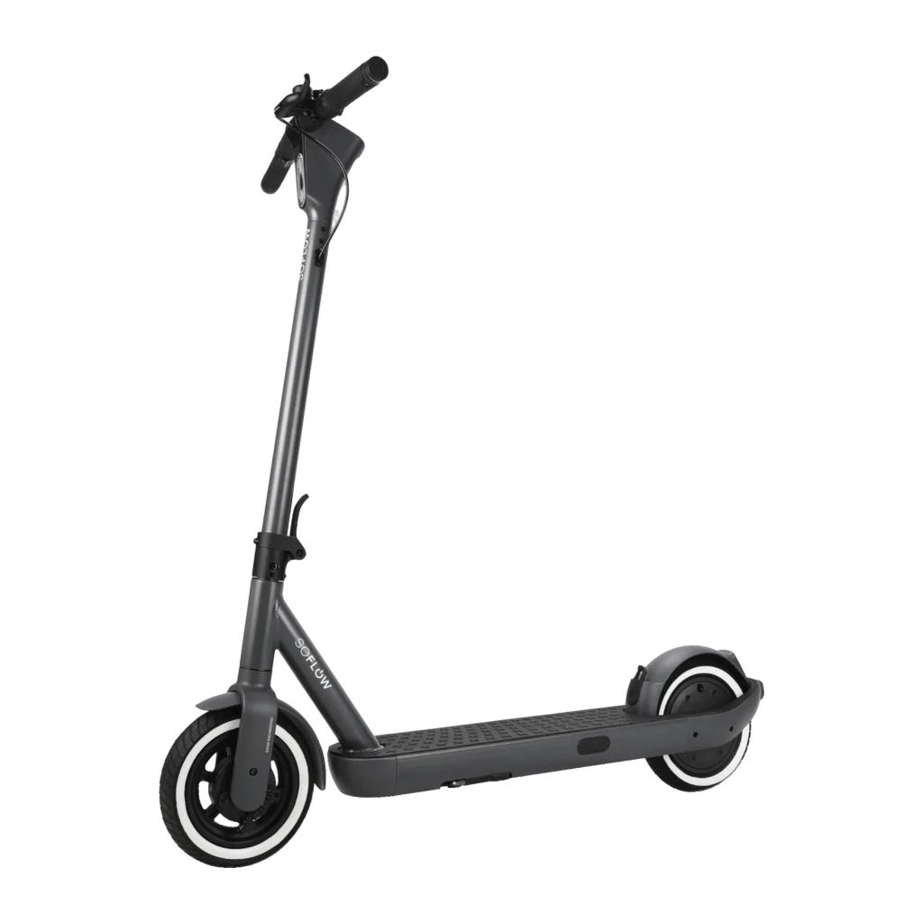 Trottinette Électrique SoFlow SO ONE+ 500W 40km 22km/h Noir, vue de face: profil latéral complet, guidon pliant et roues à
