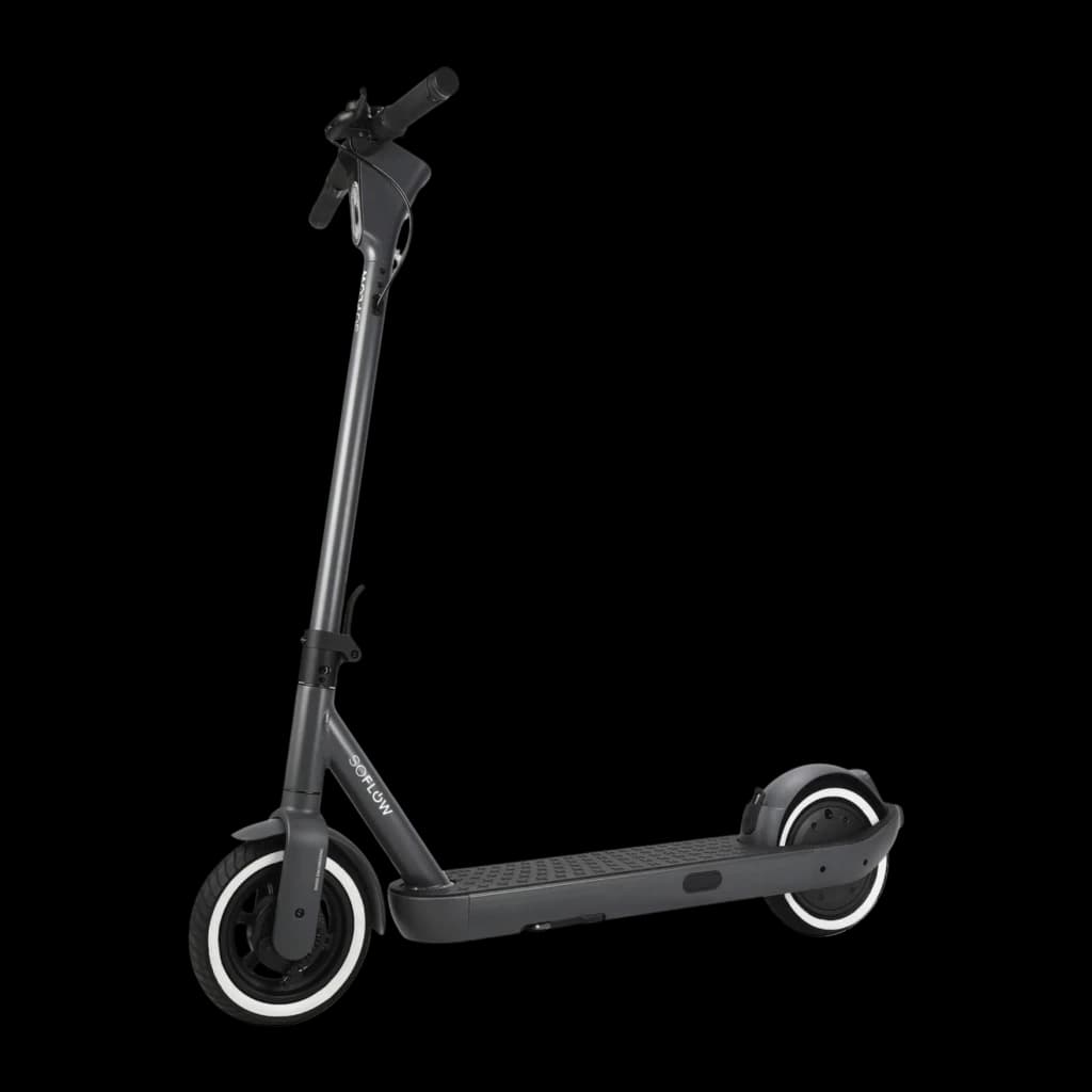 Trottinette Électrique SoFlow SO ONE+ 500W 40km 22km/h Noir, vue de face: profil latéral complet, guidon pliant et roues à