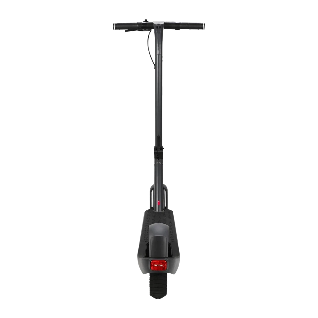 Trottinette Électrique SoFlow SO ONE+ 500W 40km 22km/h Noir, vue arrière: feu rouge arrière, plateau et roue arrière visibles