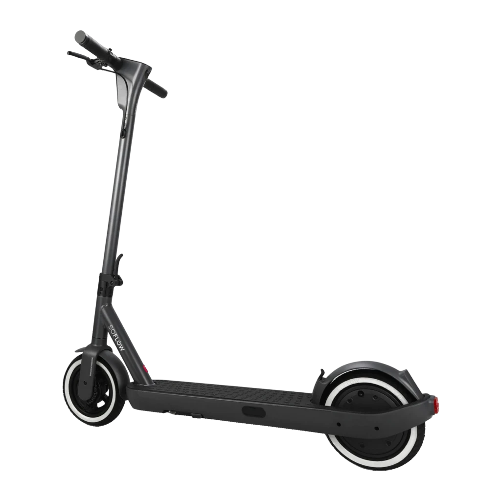 Trottinette Électrique SoFlow SO ONE+ 500W 40km 22km/h Noir, détail: vue latérale avec roues à jante blanche, plateforme