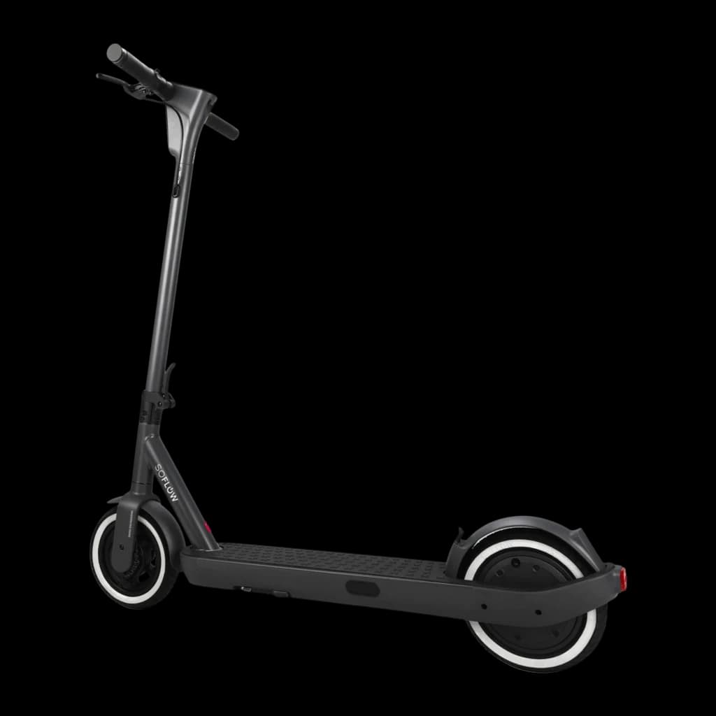 Trottinette Électrique SoFlow SO ONE+ 500W 40km 22km/h Noir, détail: vue latérale avec roues à jante blanche, plateforme