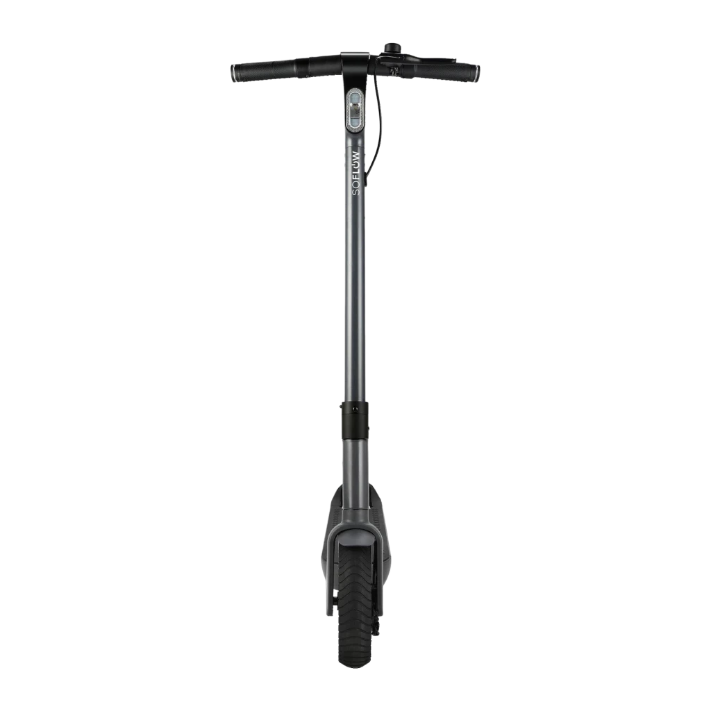 Trottinette Électrique SoFlow SO ONE+ 500W 40km 22km/h Noir, détail avant: guidon, colonne avec logo et feu avant intégré