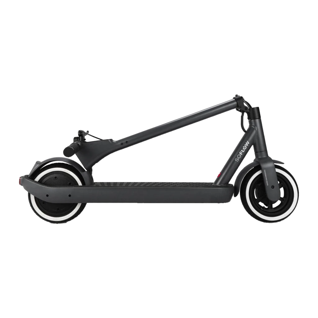 Trottinette Électrique SoFlow SO ONE+ 500W 40km 22km/h Noir, détail latéral: cadre triangulaire, pneus à bande blanche