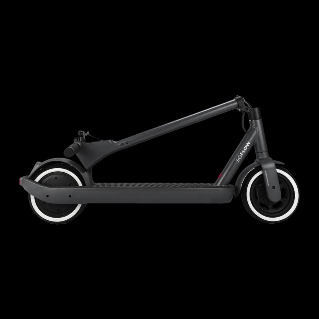 Trottinette Électrique SoFlow SO ONE+ 500W 40km 22km/h Noir, détail latéral: cadre triangulaire, pneus à bande blanche