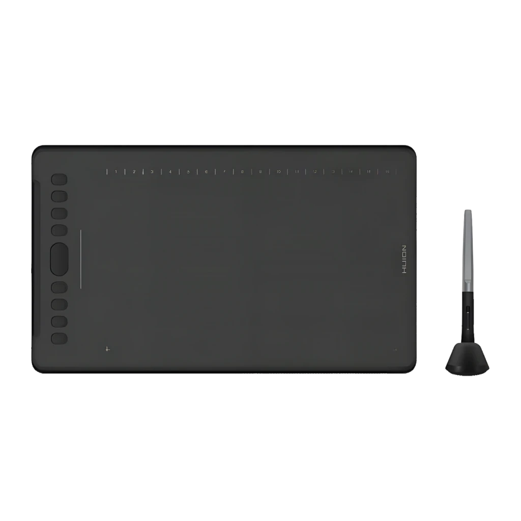 Tableta gráfica Huion Inspiroy H1161 Negro 8192 niveles, vista frontal: superficie activa, teclas express y lápiz con soporte