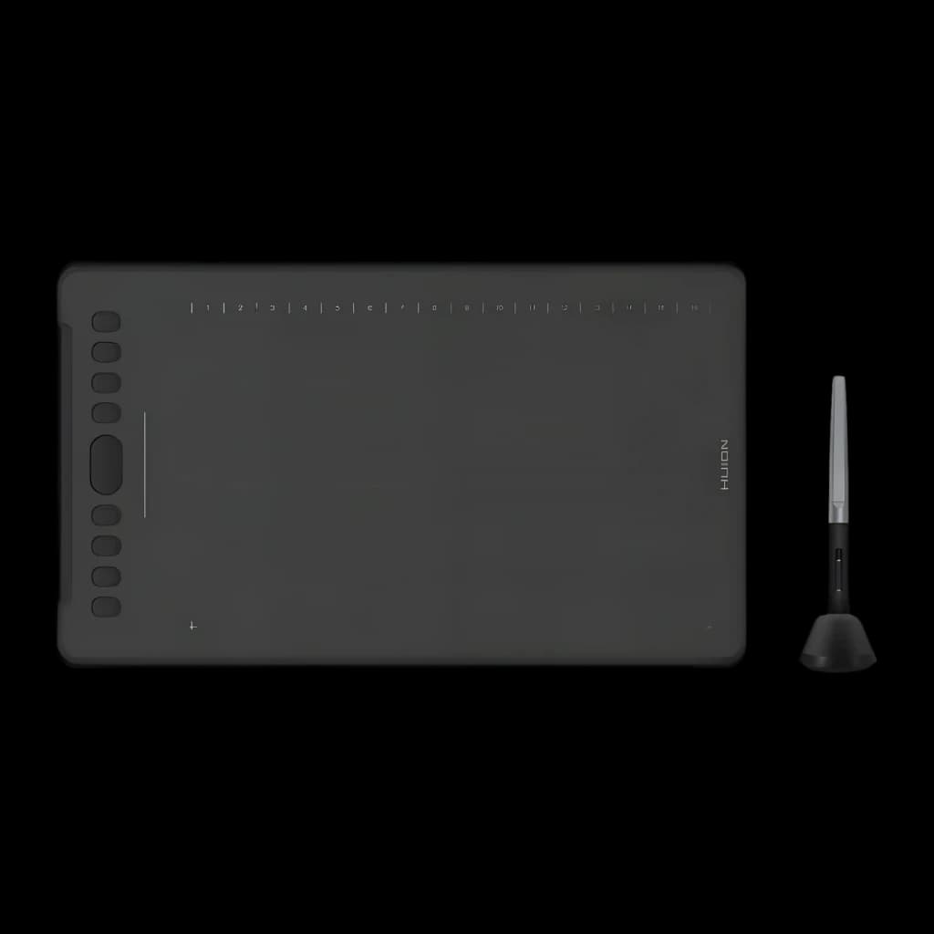 Tableta gráfica Huion Inspiroy H1161 Negro 8192 niveles, vista frontal: superficie activa, teclas express y lápiz con soporte