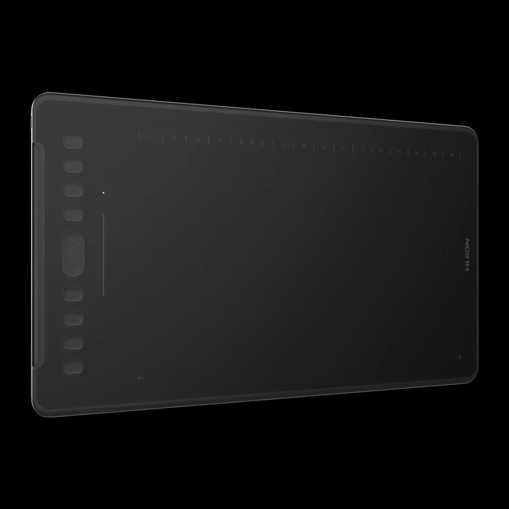 Tableta gráfica Huion Inspiroy H1161 Negro 8192 niveles, detalle: vista en ángulo de la superficie activa, teclas laterales