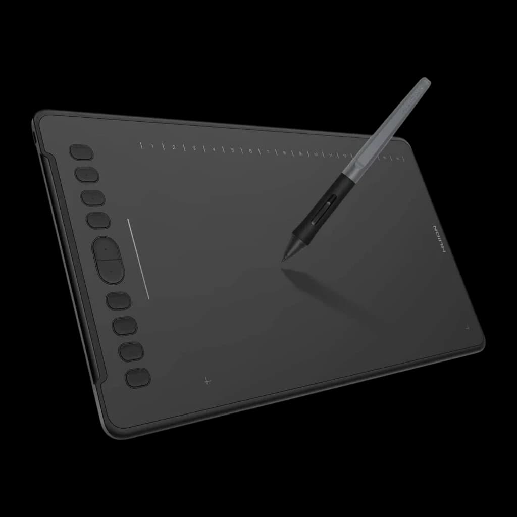 Tableta gráfica Huion Inspiroy H1161 Negro 8192 niveles, detalle: vista en perspectiva con lápiz apoyado, 8 teclas y scroll