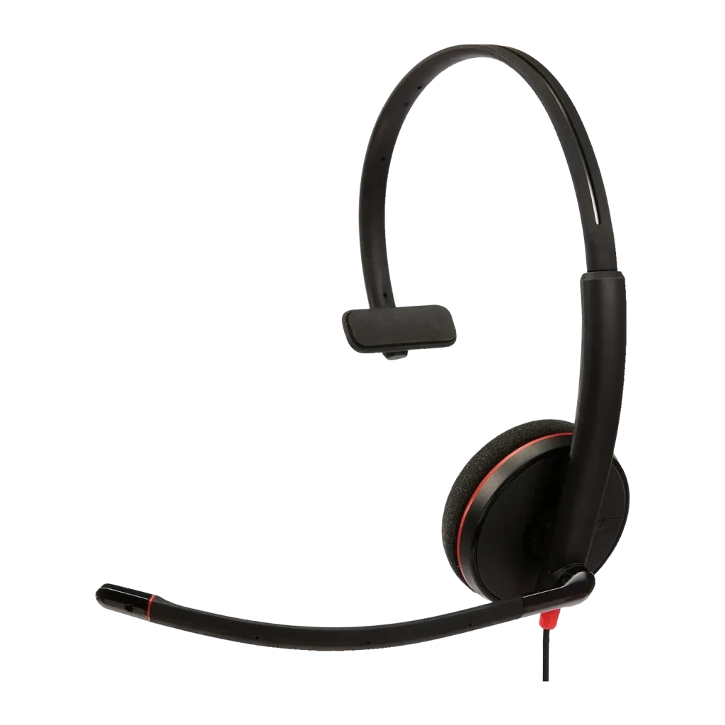 Auricular Poly Blackwire 3210 Monaural USB-C Reducción de ruido Diadema Negro, detalle: micrófono flexible con acento rojo