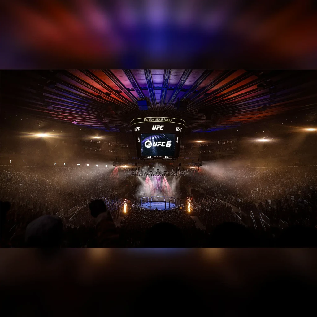 Videojuego Electronic Arts EA Sports UFC 6 Estándar PS5, en uso: octágono en Madison Square Garden con pantalla gigante
