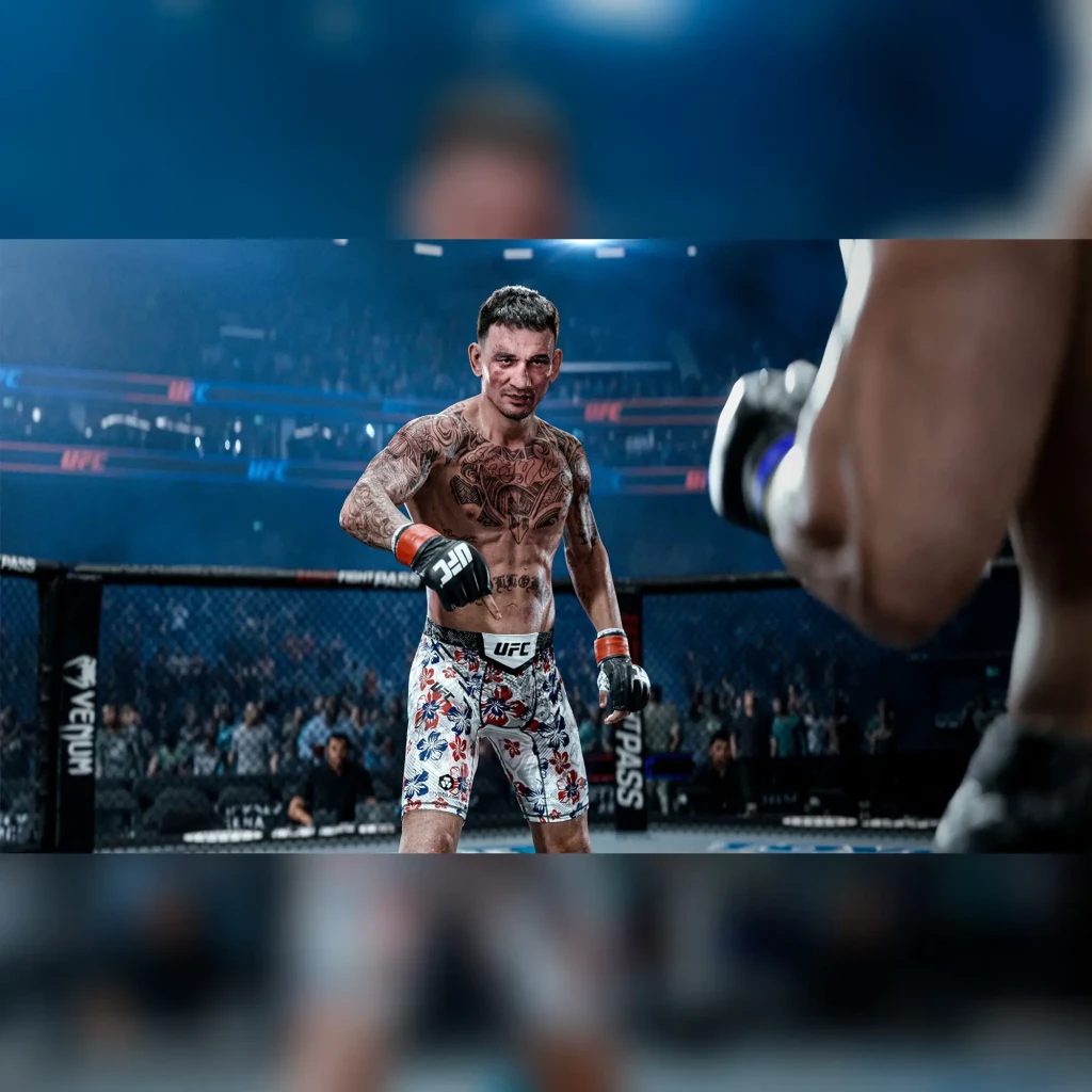 Videojuego Electronic Arts EA Sports UFC 6 Estándar PS5, en uso: luchador tatuado en el octágono frente a rival, estadio