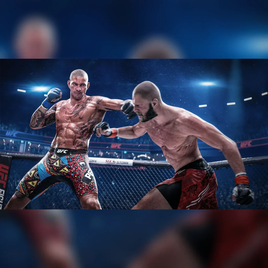 Videojuego Electronic Arts EA Sports UFC 6 Estándar PS5, en uso: dos luchadores tatuados intercambian golpes en el octágono