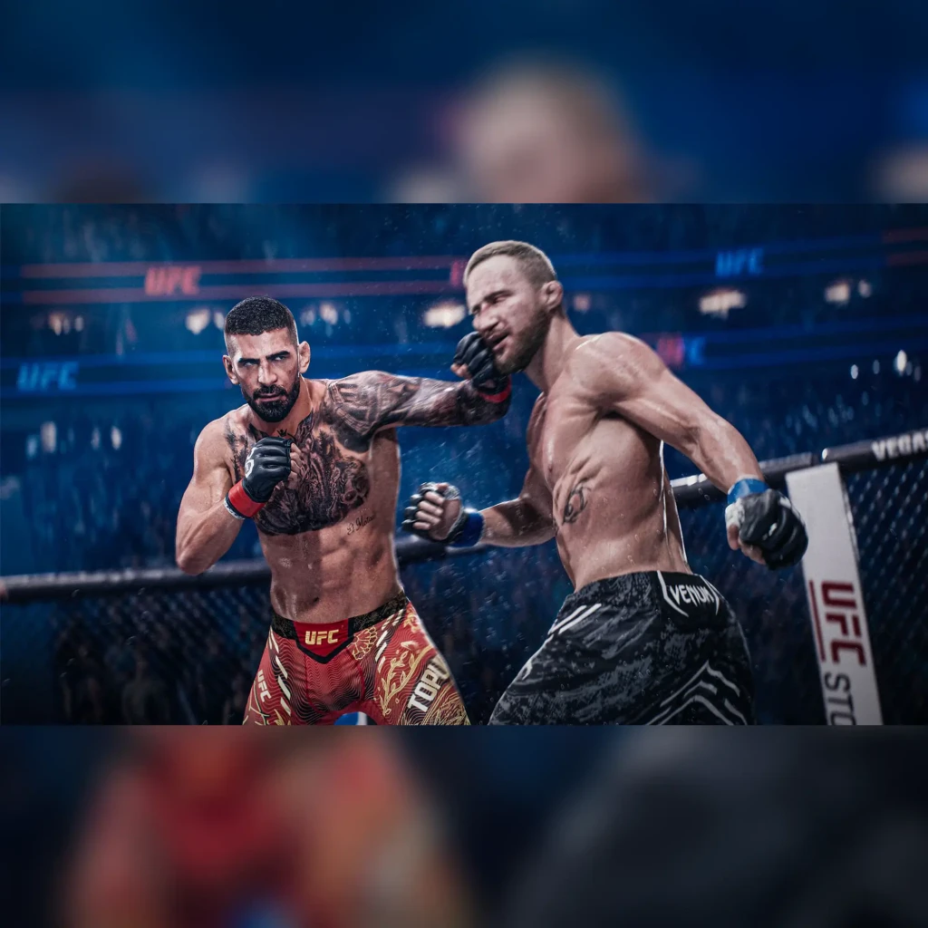 Videojuego Electronic Arts EA Sports UFC 6 Estándar PS5, en uso: dos luchadores intercambian golpes en el octágono