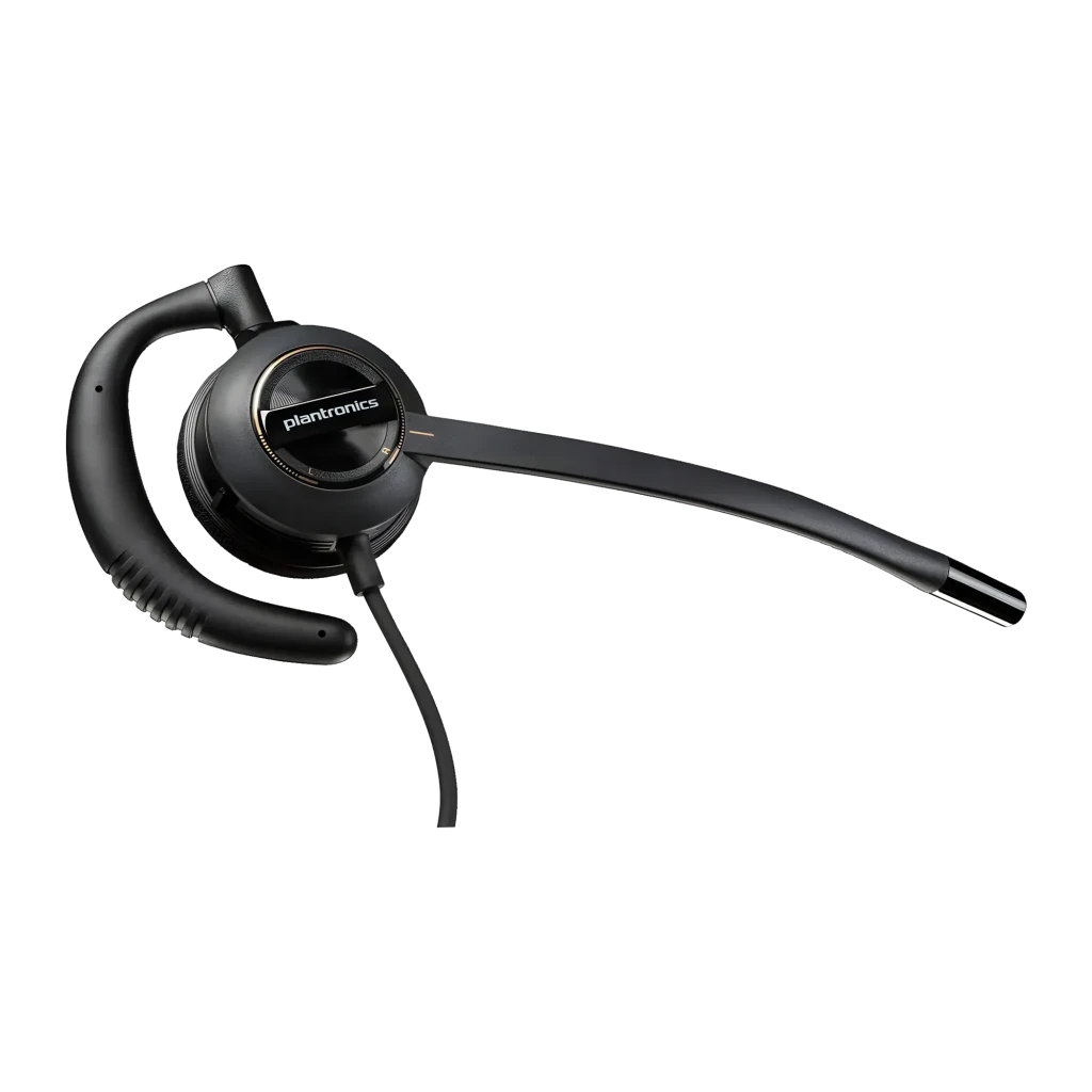 Casque Poly EncorePro 530D Mono Réduction de bruit Monoaural Quick Disconnect (QD) Noir, détail: crochet auriculaire, logo