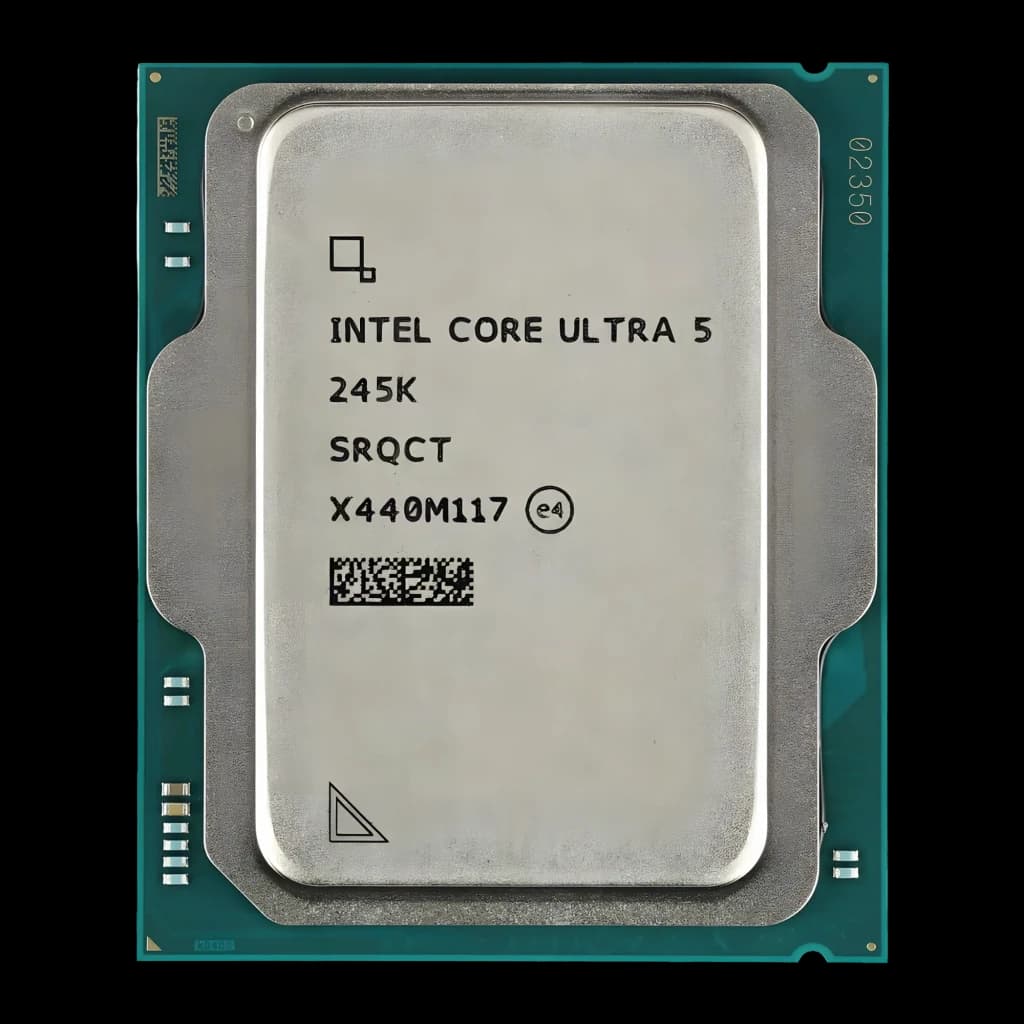 Intel Core Ultra 5 245K LGA1851 Tray 14 Núcleos, vista frontal: IHS prateado com serigrafia do modelo e PCB verde