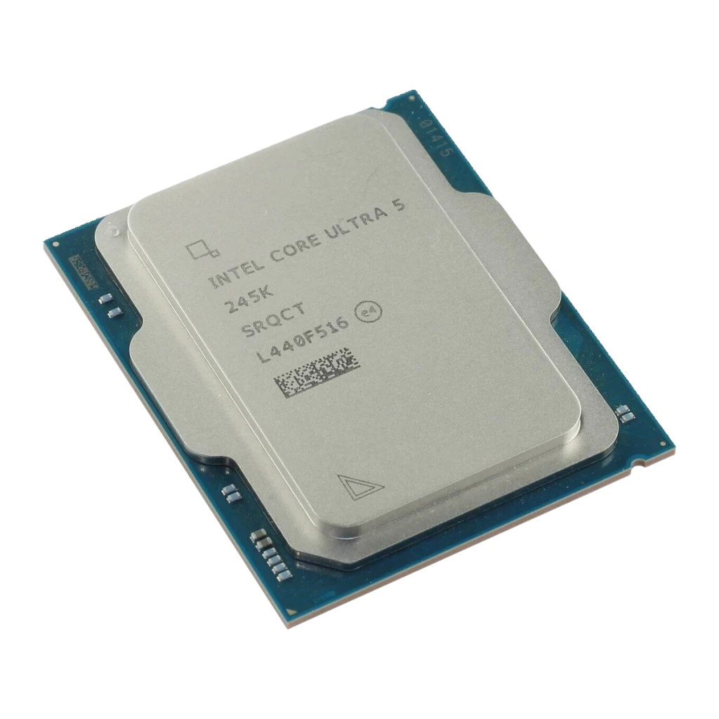 Intel Core Ultra 5 245K LGA1851 Tray 14 Núcleos, detalhe: IHS prateado gravado 245K SRQCT e PCB azul em ângulo