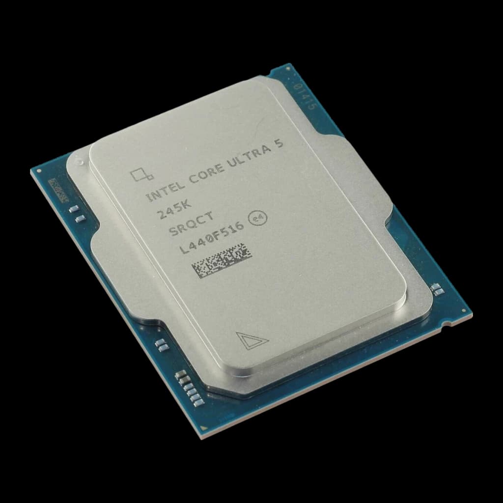 Intel Core Ultra 5 245K LGA1851 Tray 14 Núcleos, detalhe: IHS prateado gravado 245K SRQCT e PCB azul em ângulo