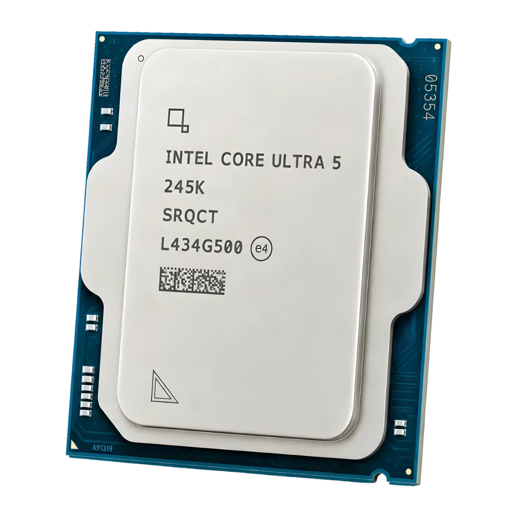 Intel Core Ultra 5 245K LGA1851 Tray 14 Núcleos, detalhe: IHS prateado com serigrafia do modelo e PCB azul LGA1851