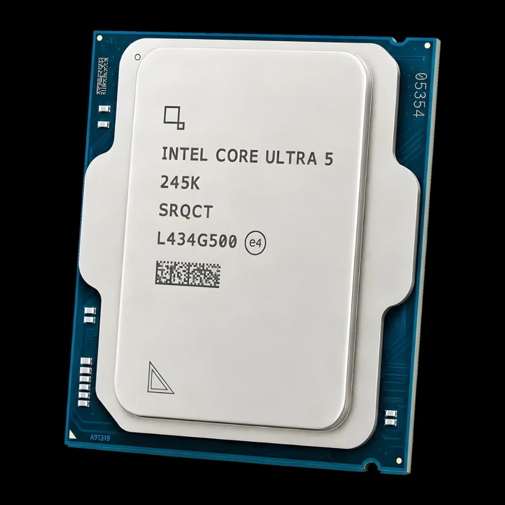 Intel Core Ultra 5 245K LGA1851 Tray 14 Núcleos, detalhe: IHS prateado com serigrafia do modelo e PCB azul LGA1851