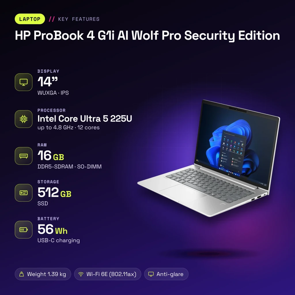 Portátil HP ProBook 4 G1i AI Wolf Pro Security Edition 16GB/512GB 14 polegadas IPS WUXGA Intel Core Ultra 5 225U NVMe Prata - características